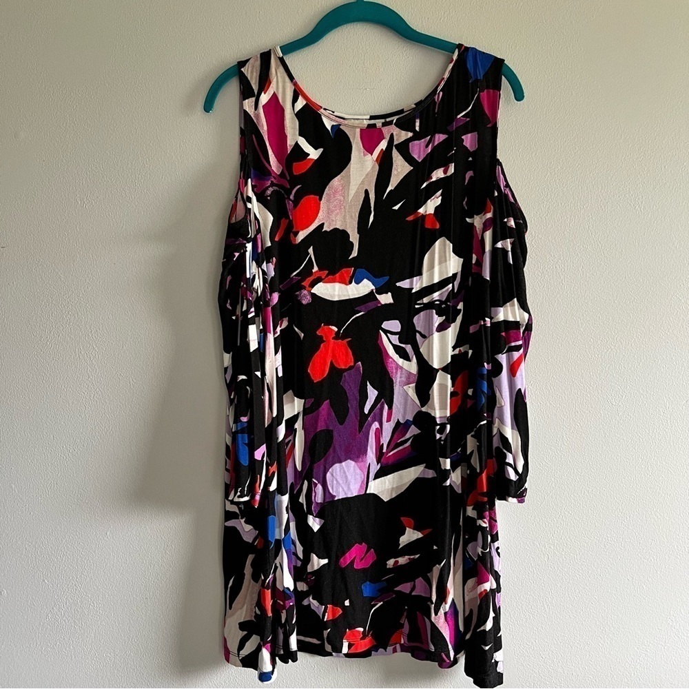 Dana Buchman Black Colorful Abstract Cold Shoulder 3/4 Sleeve Blouse XL
